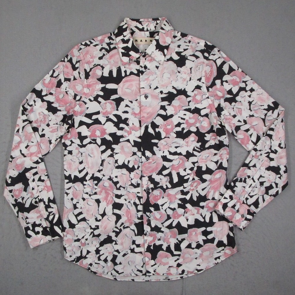 Marni Mens Abstract Floral Print Button Up Shirt Pink Black White Italy Size 48